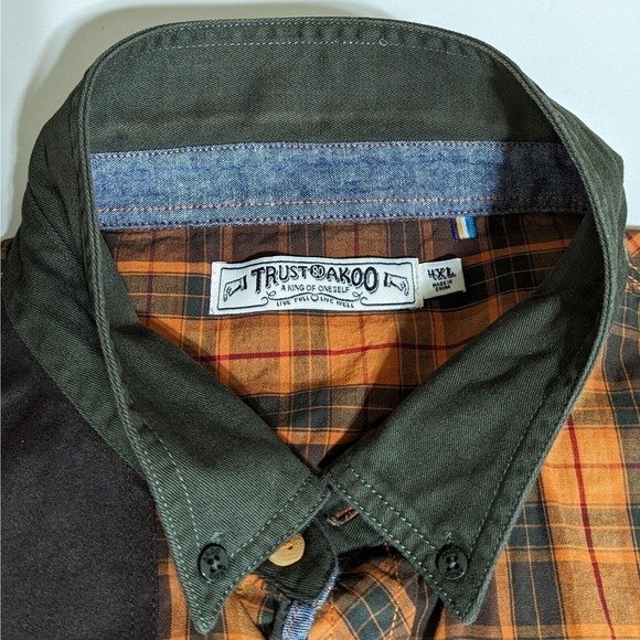 Akoo Button Down Plaid Shirt 4X Multicolor L/S Shoulder Patch Chest Pocket Pins - Picture 3 of 14